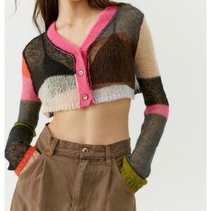 Urban Outfitters Cropped Loose Knit Color Block Half Cardigan Grunge 90’s L
